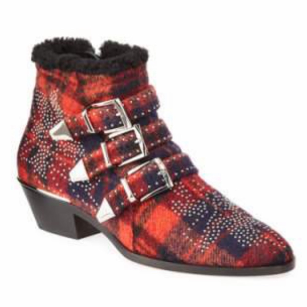 HOST PIC CHLOE SUSANNA WOOL TARTAN AND SHEARLING BOOTS W/SILVER RIVETS EU 38.5 - Picture 3 of 15